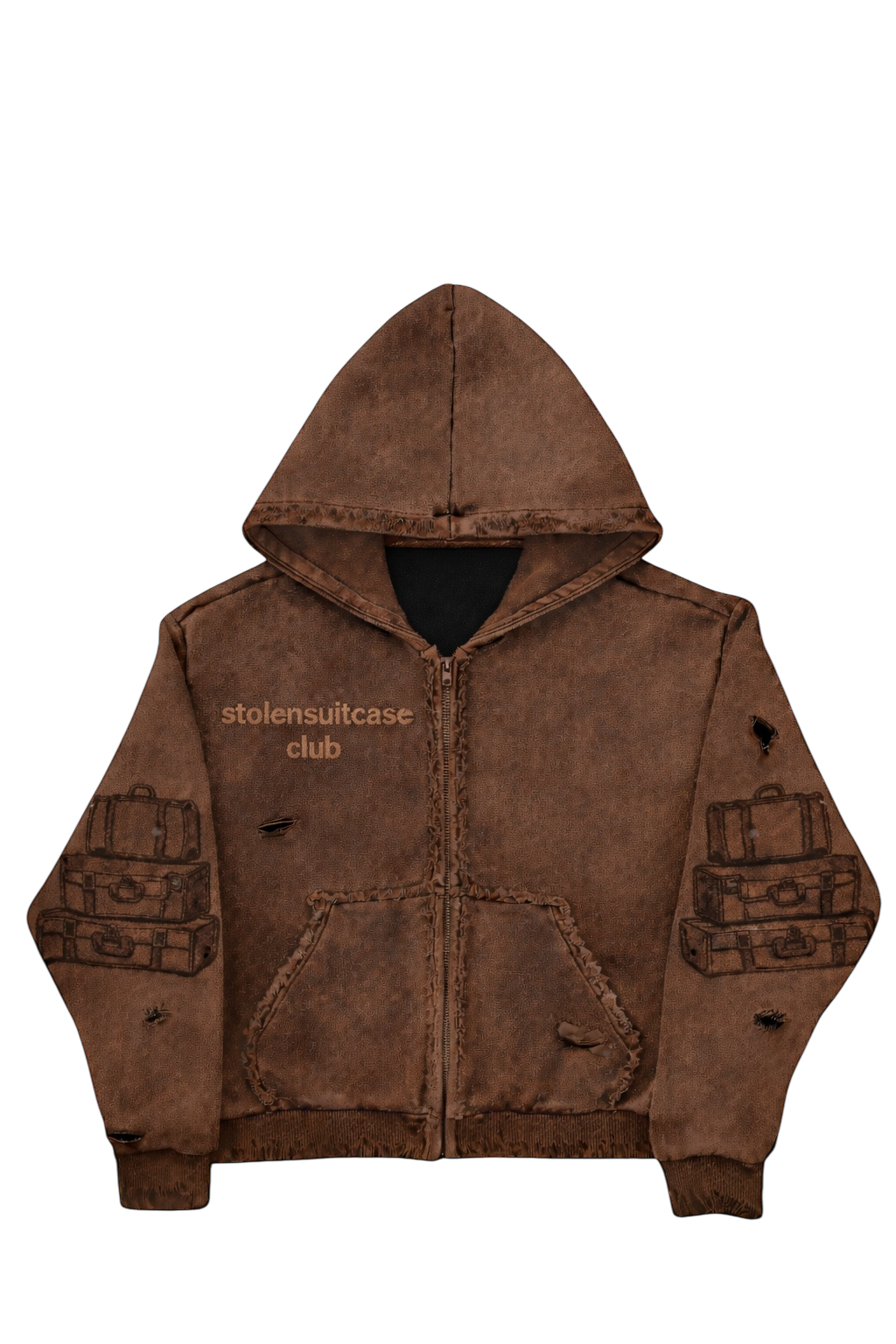 stolensuitcase zip hoodie — oxide brown